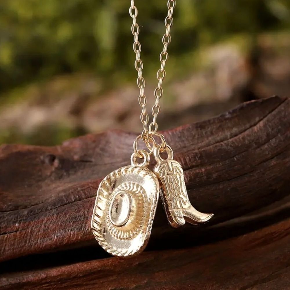 Western Gold Cowboy Hat Boot Pendant Necklace